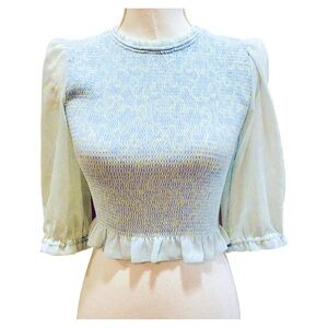 Wilfred Blue Smocked Cropped Puff Sleeve Top XS X-Small